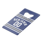 Blue and Silver Sports Jersey Individuelle Name Nu Geldbeutel Flaschenöffner (Vorderseite Schrägansicht)