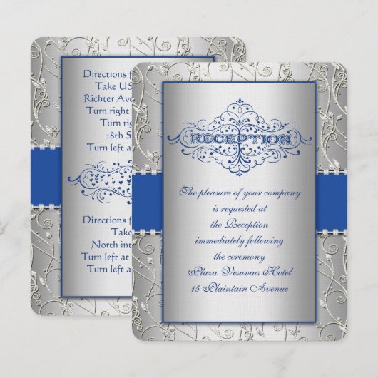 Blue and Silver Swirt Wedding Reception Card Einladung (Vorne/Hinten)