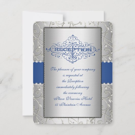 Blue and Silver Swirt Wedding Reception Card Einladung (Vorderseite)