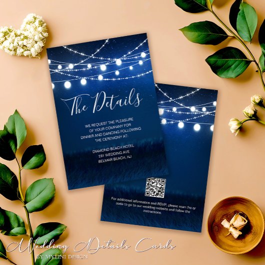 Blue and Silver Wedding Details Card mit QR Code Begleitkarte
