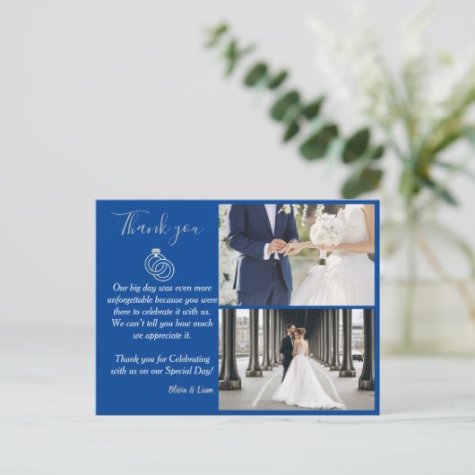 Blue and Silver Wedding Ring Vielen Dank Postkarte (Stehend Vorderseite)