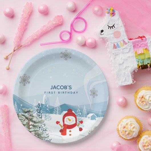 Blue and Silver Winter onederland Boy 1. Geburtsta Pappteller (Party)