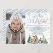 Blue and Silver Woodland Onederland 1. Geburtstag Einladung (Vorne/Hinten)