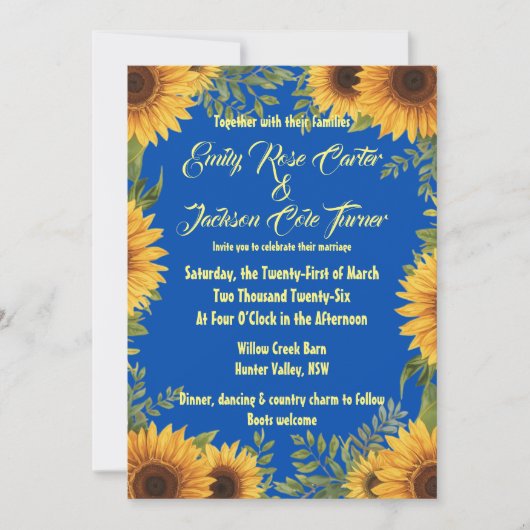 Blue and Sunflower Wedding Invitation Einladung (Vorderseite)