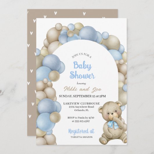 Blue and Tan Balloon Arch Teddy Bear Baby Dusche Einladung (Vorne/Hinten)
