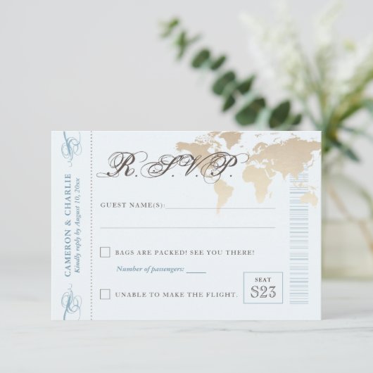 Blue and Tan UAWG World Map Boarding Pass Card RSVP Karte (Stehend Vorderseite)