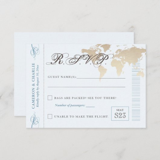 Blue and Tan UAWG World Map Boarding Pass Card RSVP Karte (Vorne/Hinten)