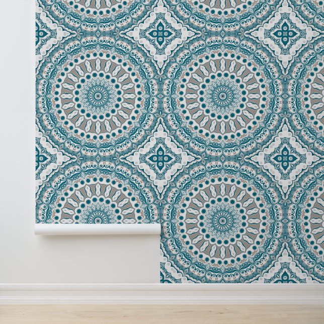 Blue and Taupe Mandala Pattern Design Tapete (Anwendung)