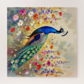 Blue and Turquoise Peacock in Flowers Puzzle (Horizontal)