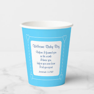 Blue and White Baby Boy Dusche Party Bible Verse Pappbecher