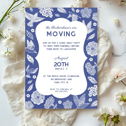 Blue and White Birds Moving Away Party Invitation Einladung