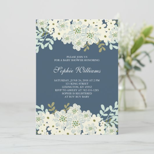 Blue and White Blume Baby Dusche Einladung (Stehend Vorderseite)