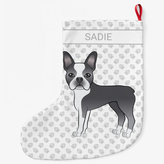 Blue and White Boston Terrier Cartoon Dog & Name Großer Weihnachtsstrumpf (Rückseite)