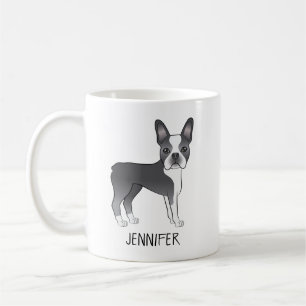 Blue and White Boston Terrier Cartoon Dog & Name Kaffeetasse