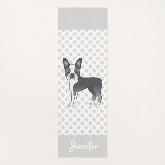 Blue and White Boston Terrier Cartoon Dog & Name Yogamatte (Vorderseite)