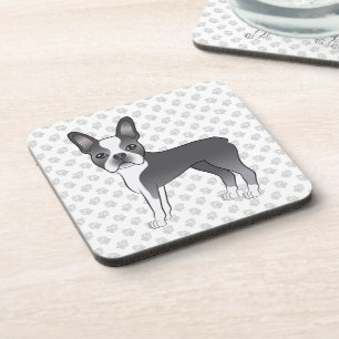 Blue and White Boston Terrier Cartoon Dog & Paws Getränkeuntersetzer