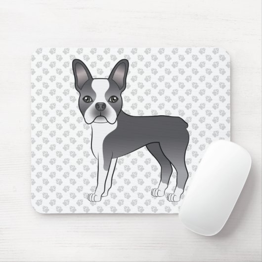 Blue and White Boston Terrier Cartoon Dog & Paws Mousepad (Mit Mouse)
