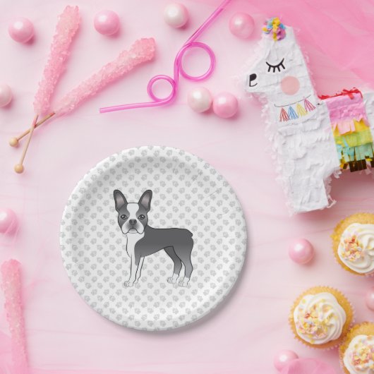 Blue and White Boston Terrier Cartoon Dog & Paws Pappteller (Party)