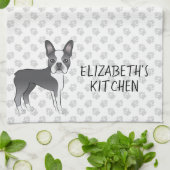 Blue and White Boston Terrier Cartoon Dog & Text Geschirrtuch (Gefaltet)