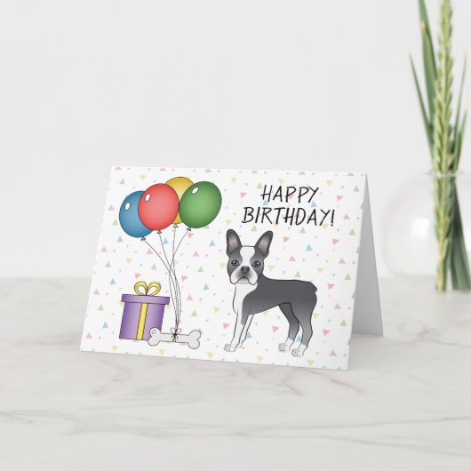 Blue and White Boston Terrier Hund Happy Birthday Karte (Vorderseite)