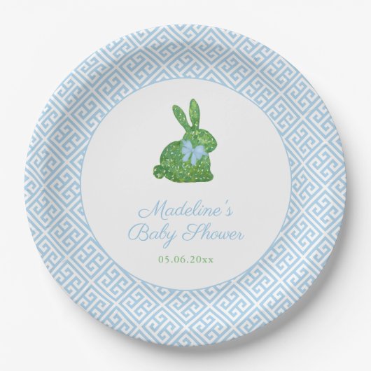 Blue and White Boxwood Bunny Boy Baby Dusche Party Pappteller (Vorderseite)