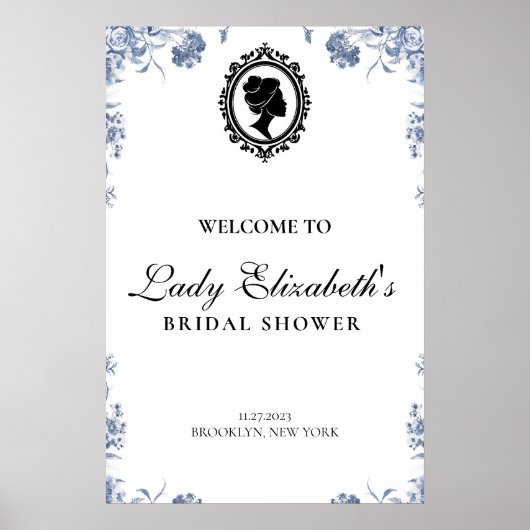 blue and white budget vintage bridal shower poster (Vorne)