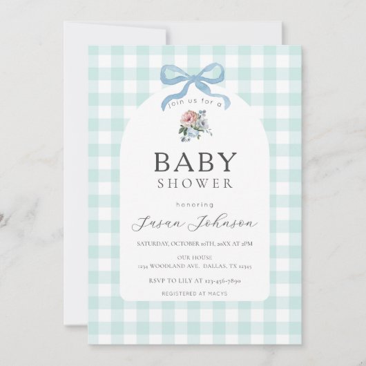 Blue and White Buffalo Karo Kariert Baby Dusche Einladung (Vorderseite)