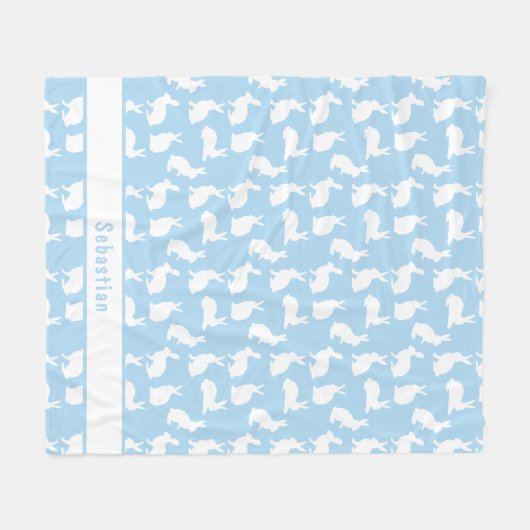 Blue And White Bunny Pattern Cute Rabbits And Name Fleecedecke (Vorderseite (Horizontal))