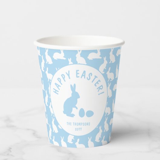 Blue And White Bunny Rabbit Pattern Happy Easter Pappbecher (Vorderseite)