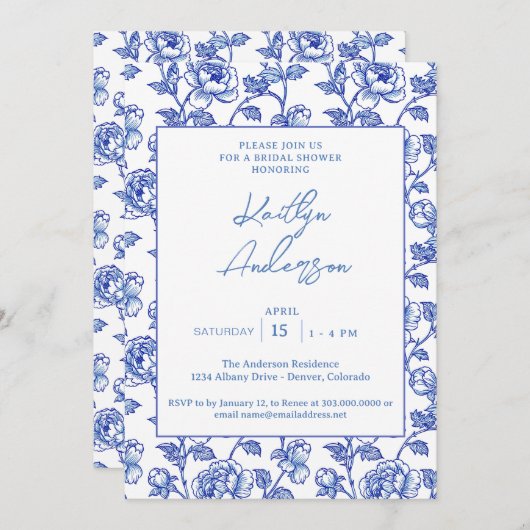 Blue and White Chinoiserie Bridal Shower Einladung (Vorne/Hinten)