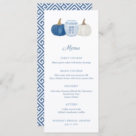 Blue and White Chinoiserie Pumpkins Polterabend Menükarte (Vorne/Hinten)