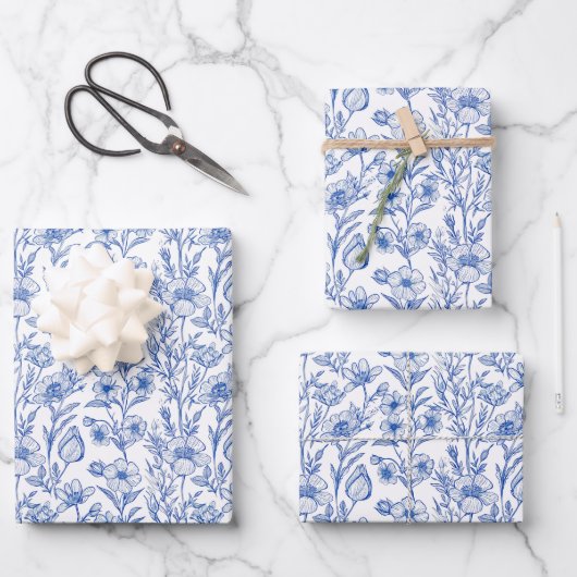 Blue and White Chinoiserie Wildflower Geschenkpapier Set (Vorderseite)