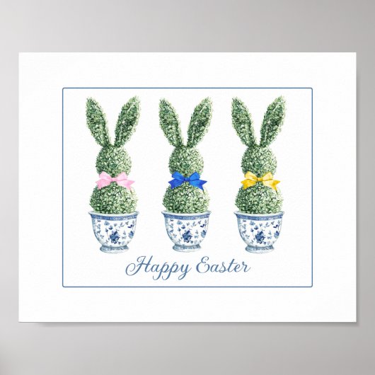 Blue and White Chinoiserie With Rabbit Topiaries Poster (Vorne)