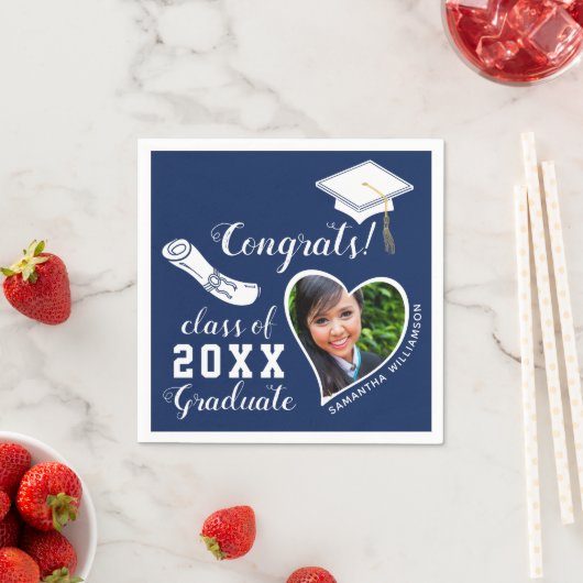 Blue and White Class of 2025 Grad Foto Abschluss Serviette (Beispiel)