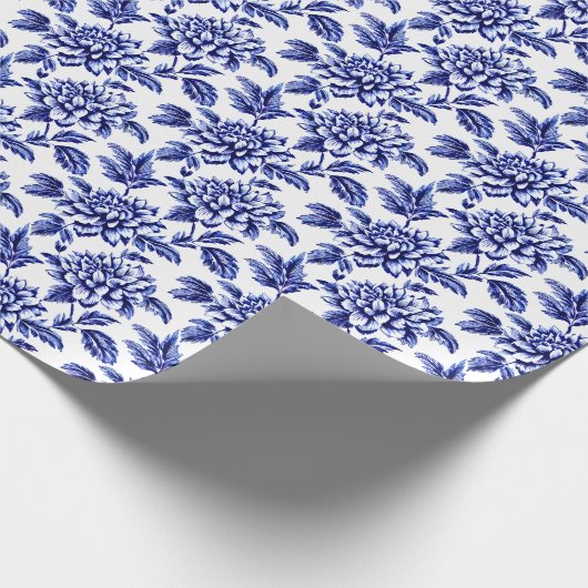 Blue and White Dahlia Blume Toile de Jouy Geschenkpapier (Ecke)