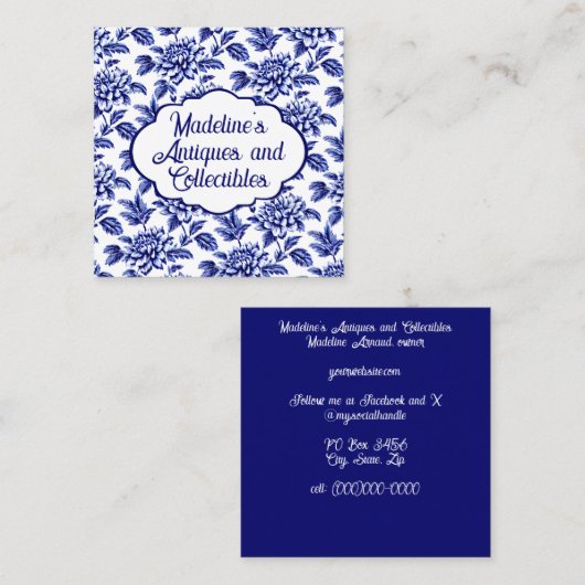 Blue and White Dahlia Blume Toile de Jouy Quadratische Visitenkarte (Vorne/Hinten)