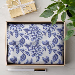 Blue and White Dahlia Blume Toile de Jouy Seidenpapier