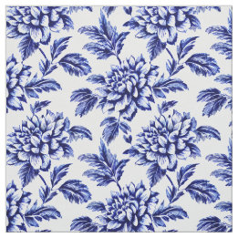Blue and White Dahlia Blume Toile de Jouy Stoff