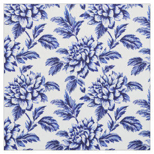 Blue and White Dahlia Blume Toile de Jouy Stoff
