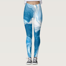 Blue and White Digital Fluid Art Marmor Leggings