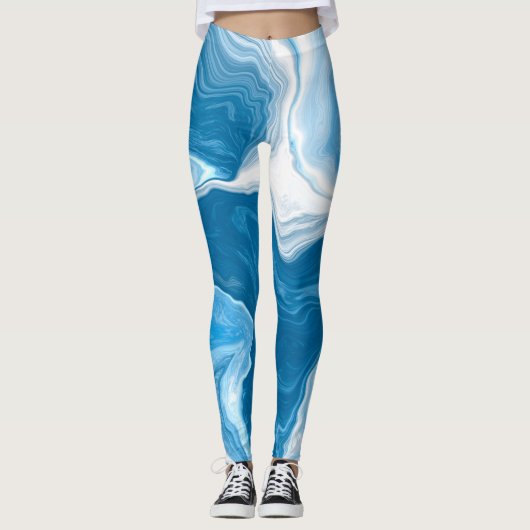 Blue and White Digital Fluid Art Marmor Leggings (Vorderseite)