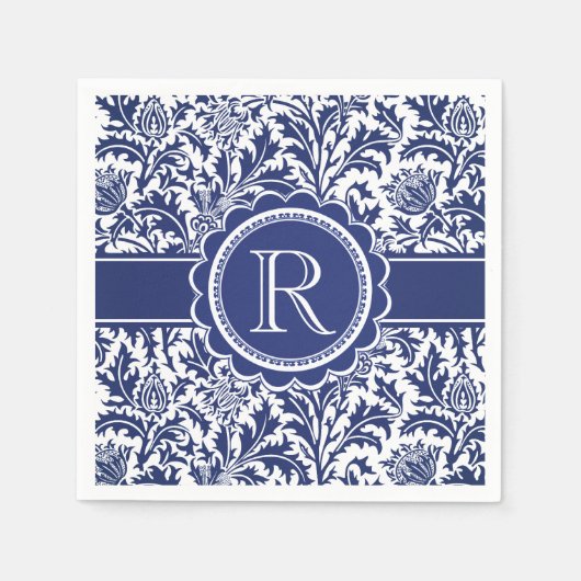Blue and White Elegance William Morris Monogram Serviette (Vorderseite)