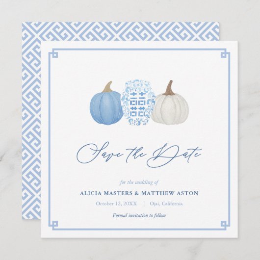 Blue and White Fall Chinoiserie Pumpkins Hochzeit Save The Date (Vorne/Hinten)