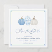 Blue and White Fall Chinoiserie Pumpkins Hochzeit Save The Date (Vorderseite)