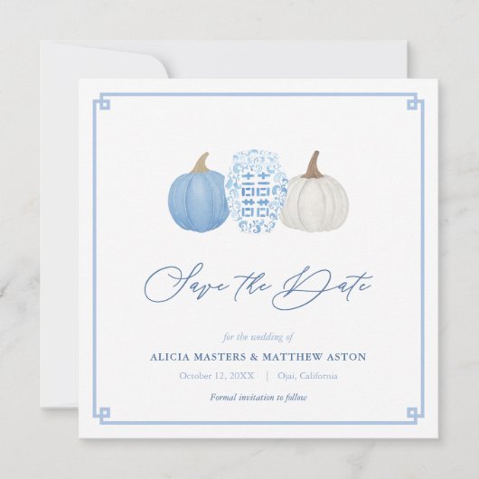Blue and White Fall Chinoiserie Pumpkins Hochzeit Save The Date (Vorderseite)