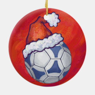 Blue and White Festive Soccer Ball on Red Keramikornament