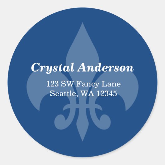 Blue and White Fleur-De-Lis Custom Address Label Runder Aufkleber (Vorderseite)