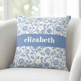 Blue and White Floral Botanical Custom Name Modern Kissen