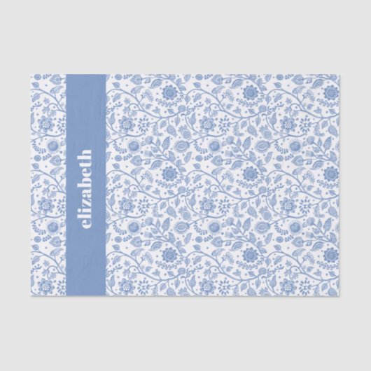 Blue and White Floral Botanical Custom Name Modern Seidenpapier (Vorderseite)