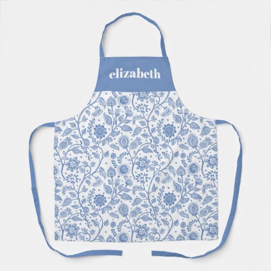 Blue and White Floral Custom Name Botanical Bold Schürze (Vorderseite)